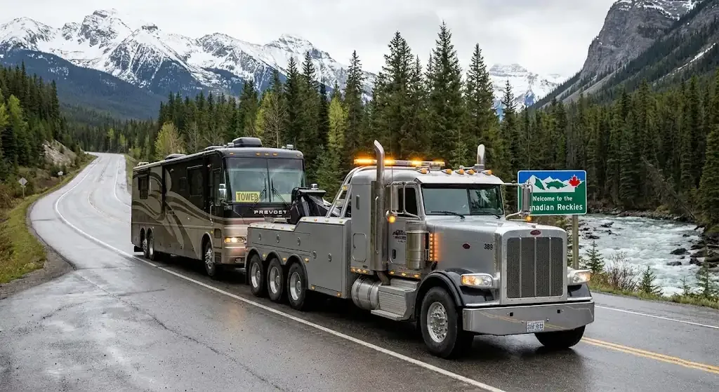 Minneapolis heavy-duty tow truck with RV in transport
