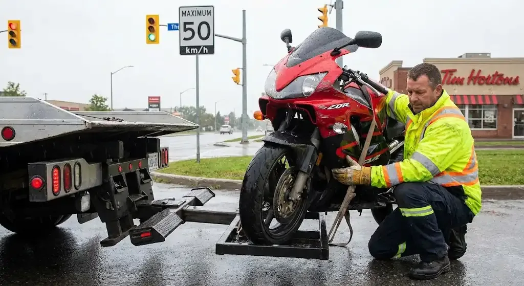 Minneapolis motorcycle being safely loaded for transport