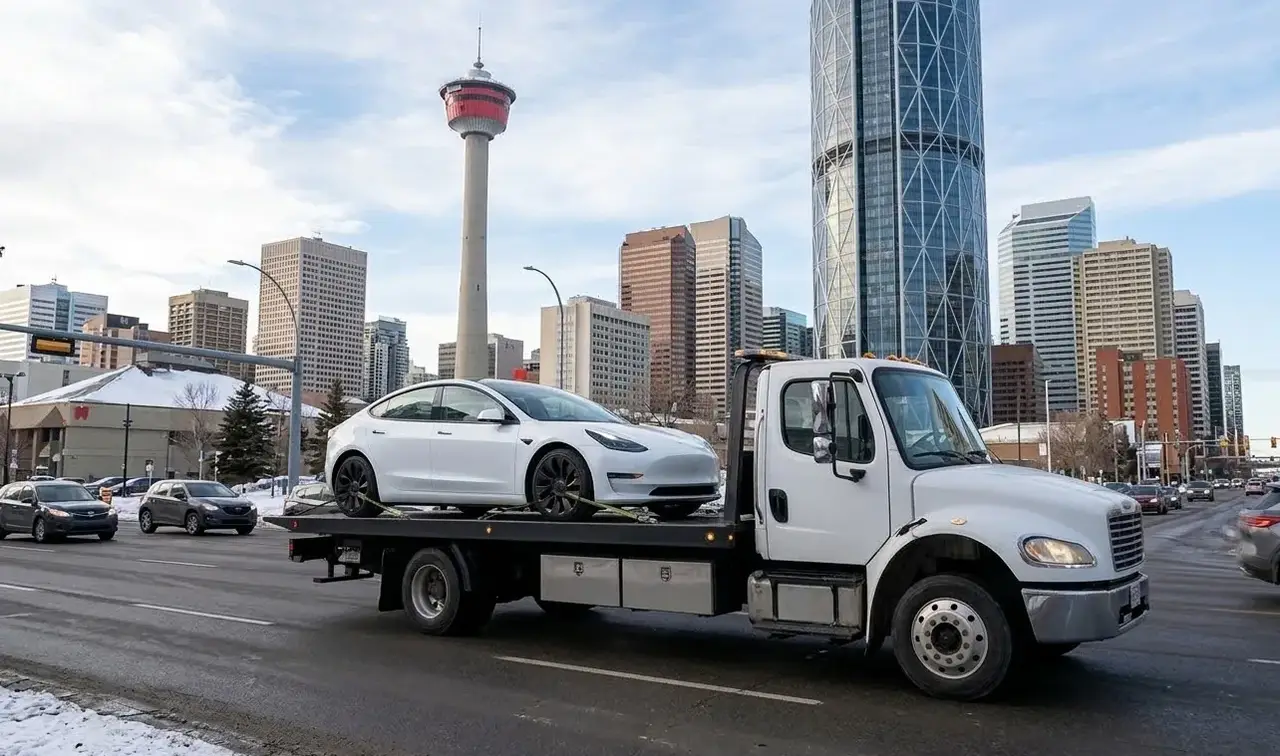 Minneapolis electric vehicle on flatbed transport